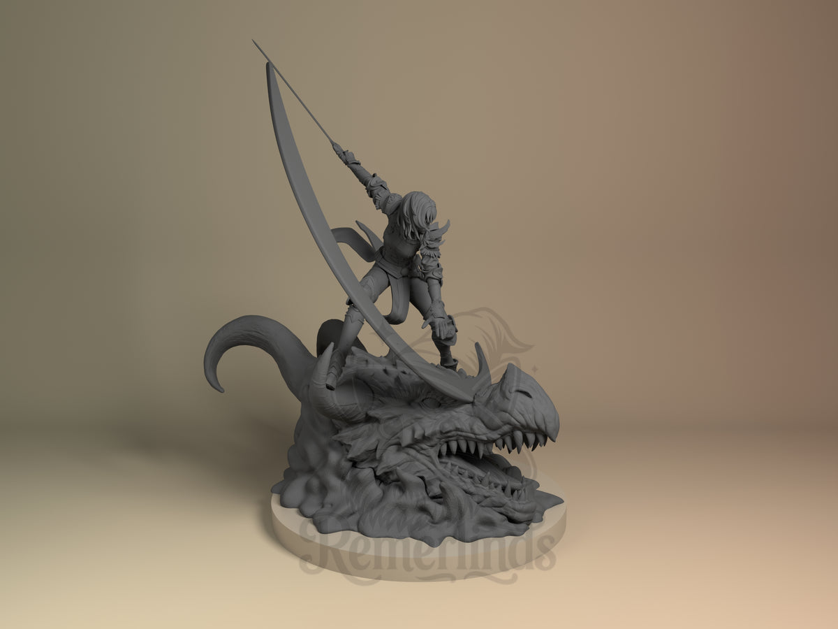Right view shows unpainted Cha Hae-In from Solo Leveling resin figure with sword on dragon base.