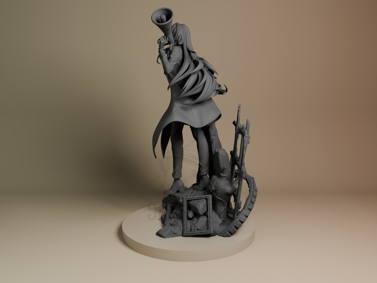 Chando from Ado is shown from behind, an unpainted resin figure with megaphone on a sculpted base.