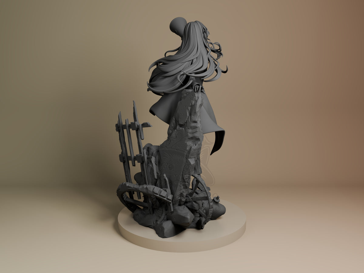 Back view of Chando from Ado, unpainted resin figure with flowing hair, cape, rocky base.