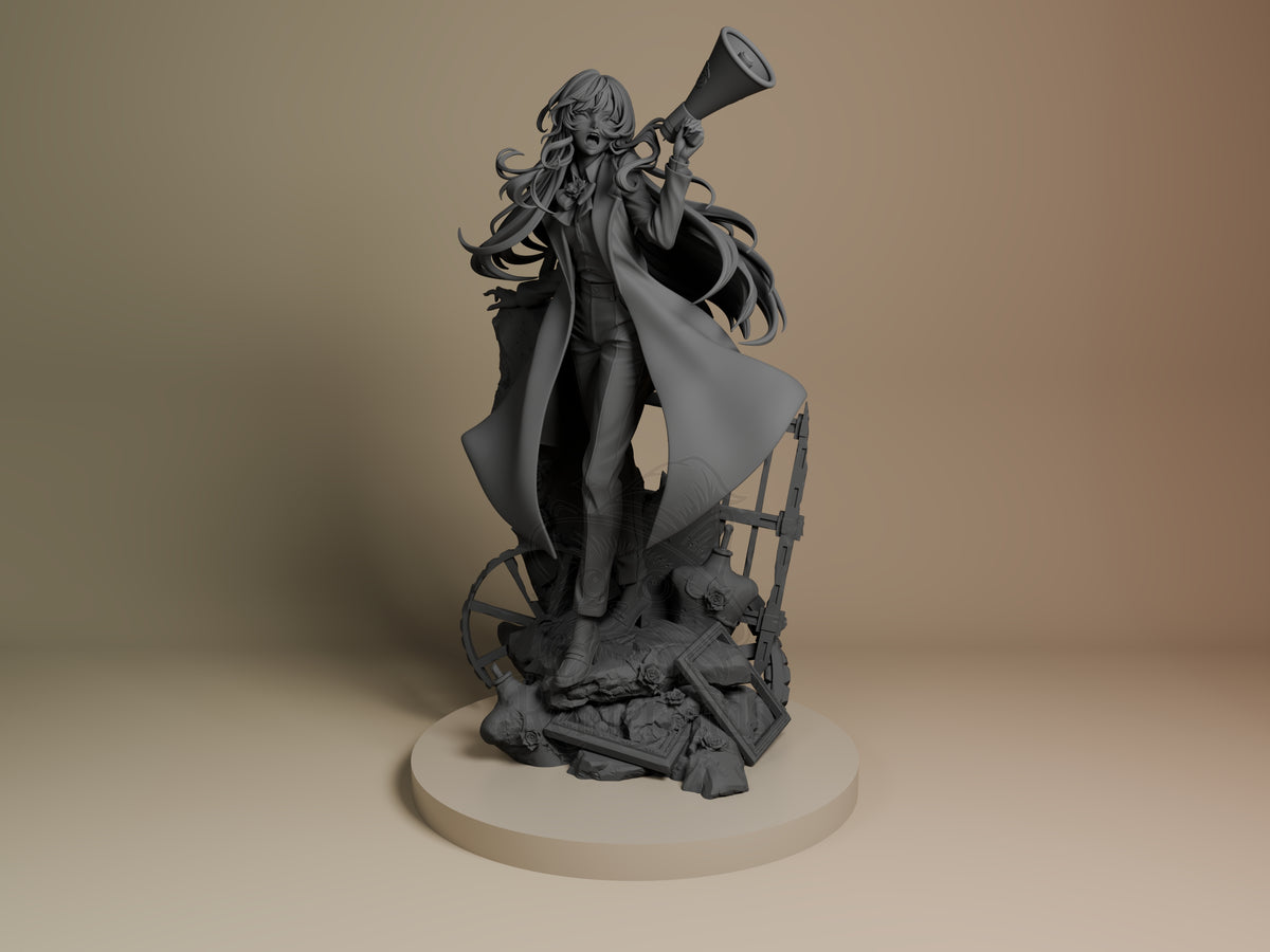 Chando from Ado is an unpainted resin figure standing front-facing with a raised megaphone on a sculpted base.