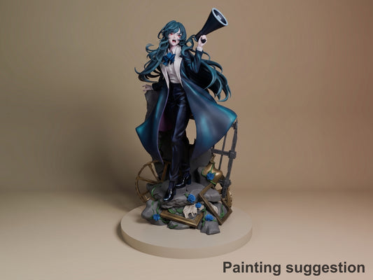 Chando from Ado resin figure standing on themed base, holding megaphone, long blue hair flowing, painted in blue coat and black outfit, dynamic pose.