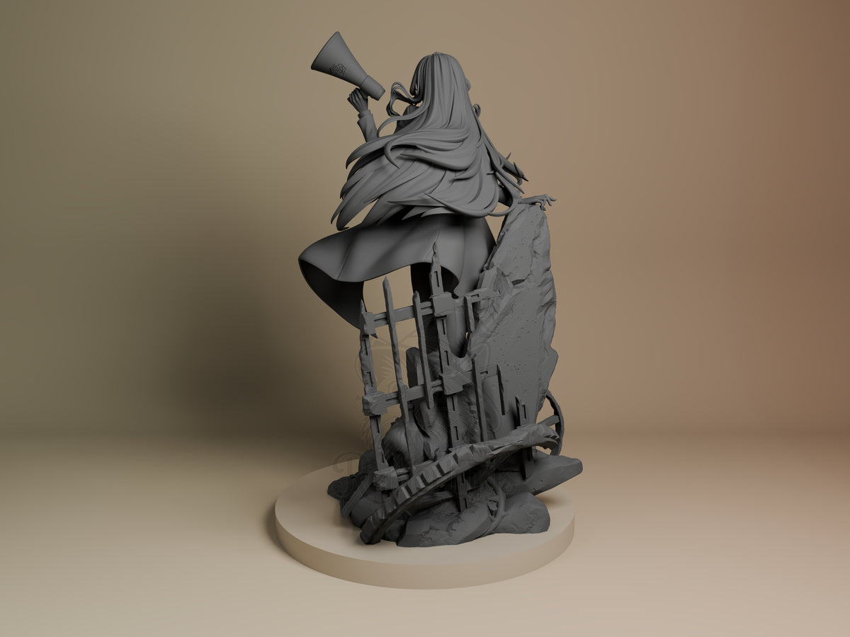 Unpainted resin figure of Chando from Ado, viewed from the left rear with megaphone and rocky base.