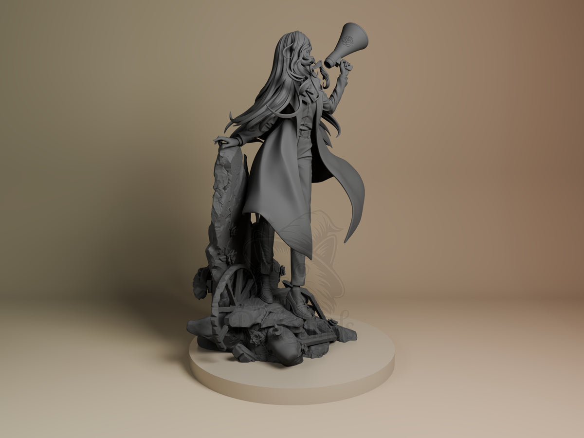 Chando from Ado is an unpainted resin figure in right view, holding a megaphone on rocky base.