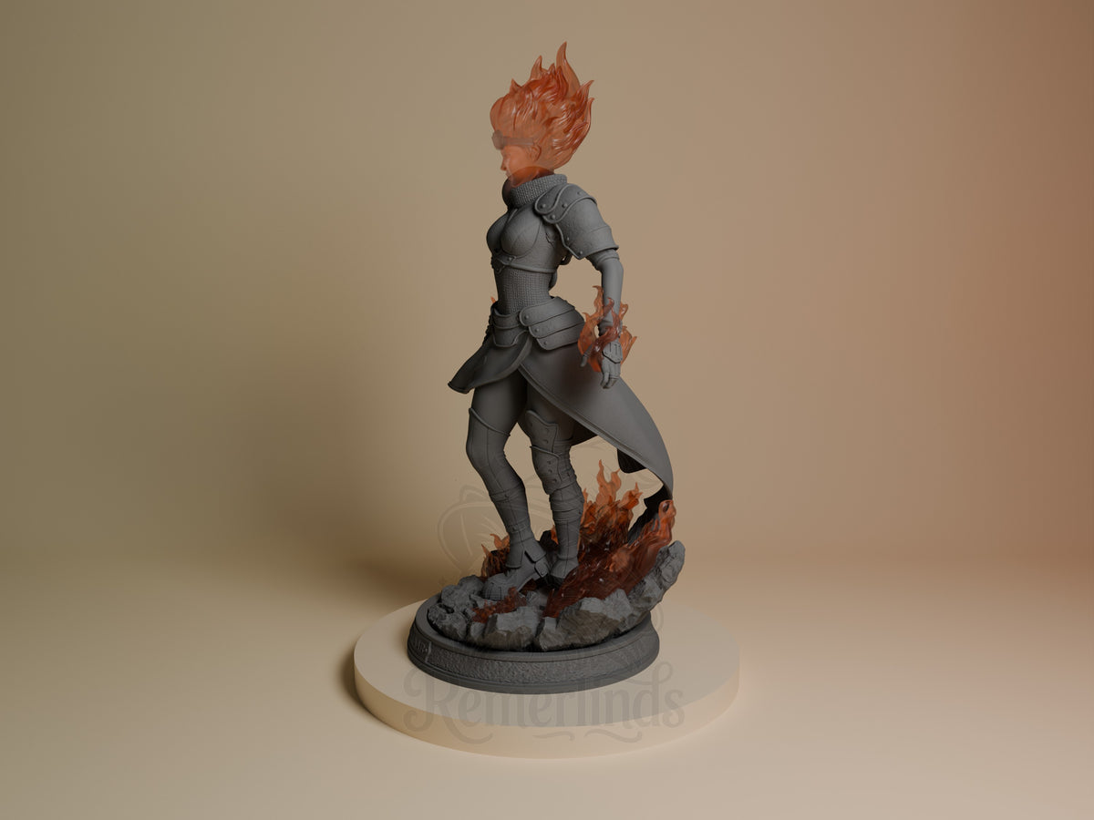 Chandra resin figure from Magic: The Gathering shown in side angle, featuring red spiky hair, gray armor, and flame effects on base and hand.