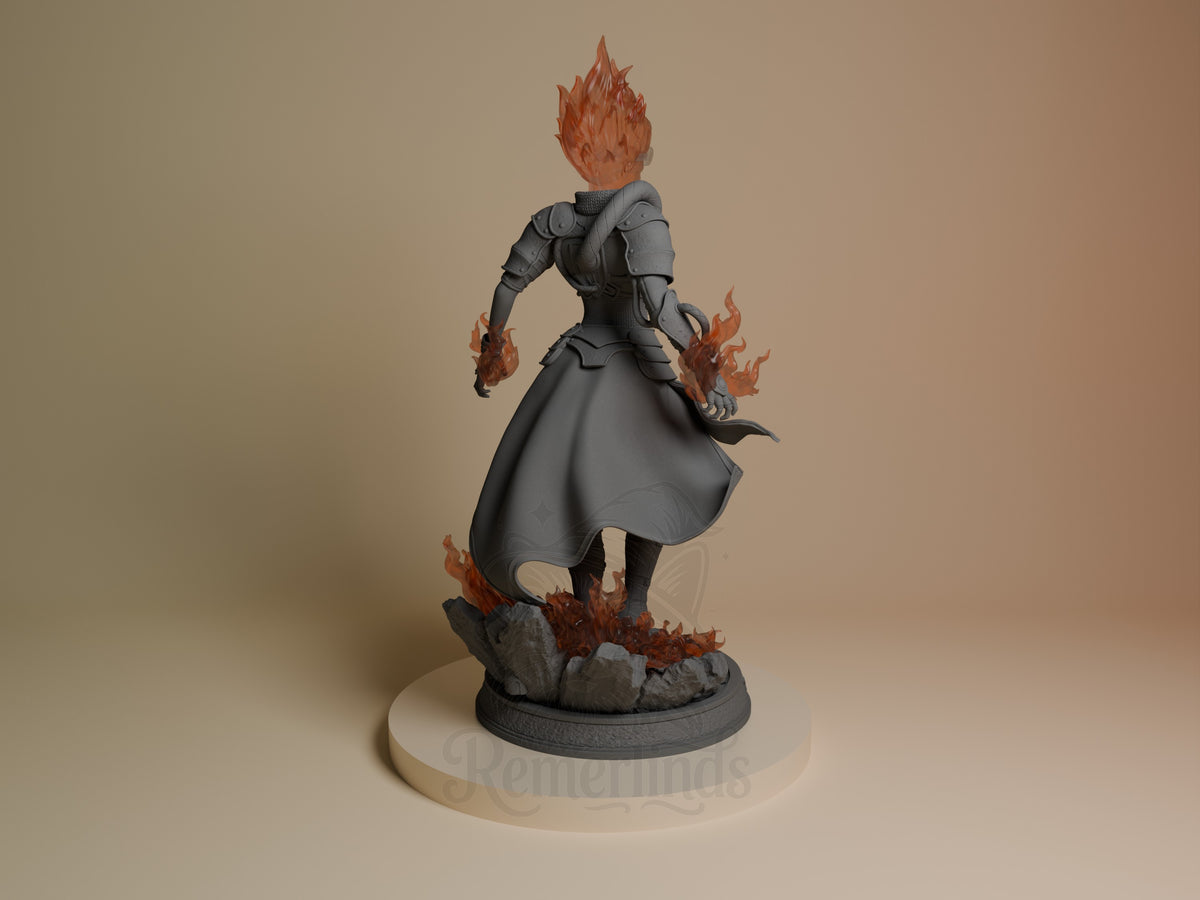 Chandra resin figure from Magic: The Gathering shown from back, featuring unpainted gray armor and flowing cape with red flame details on head, hands, and base.