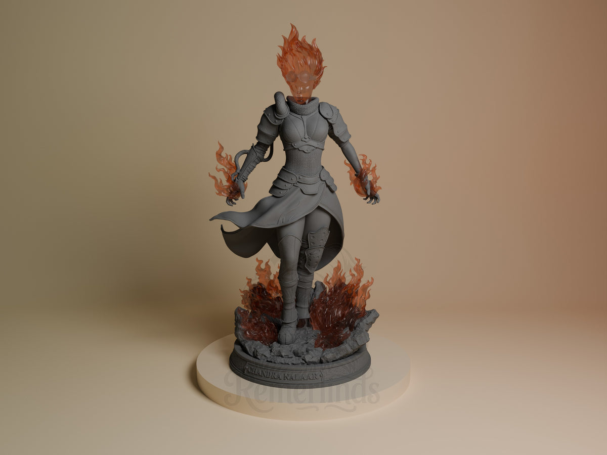 Chandra resin figure from Magic: The Gathering, front view, standing on flame base with red-painted fire effects, grey unpainted body armor, spiky hair, dynamic pose.