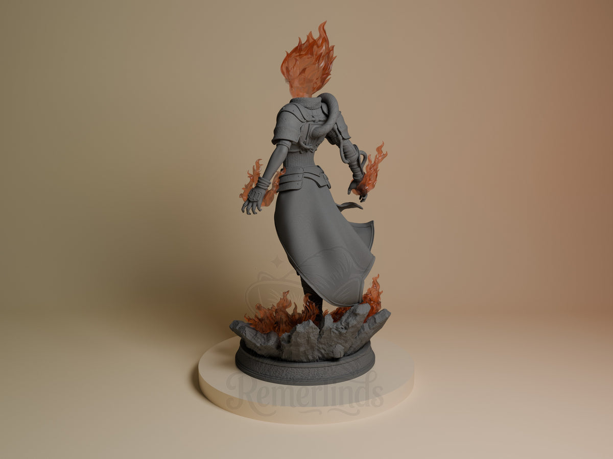 Chandra resin figure from Magic: The Gathering shown from left angle, standing with flaming hair and hands, wearing armored outfit, unpainted gray base with painted red fire effects.