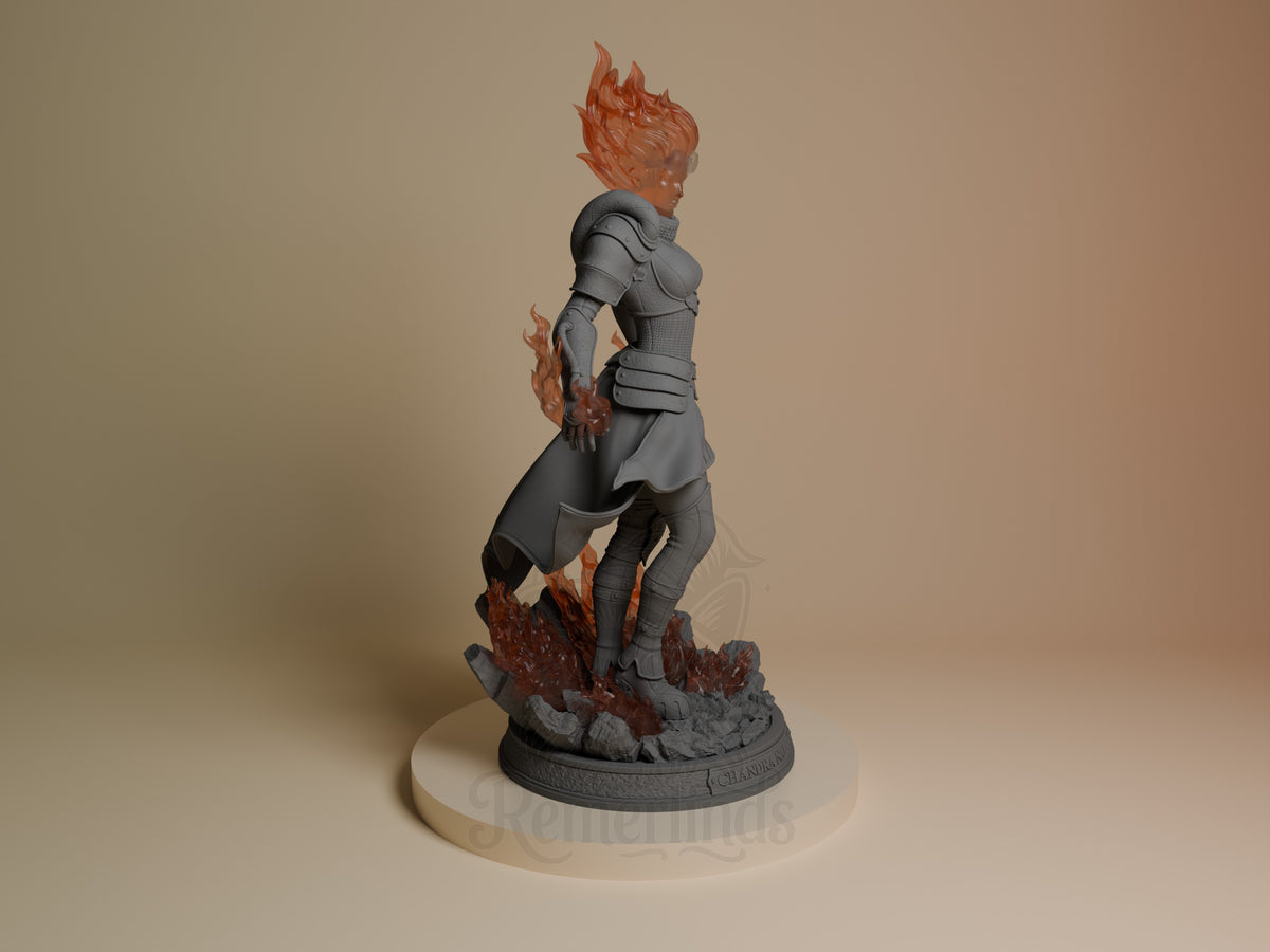 Chandra from Magic: The Gathering resin figure shown from the right side, featuring red spiked hair, gray armor, and flame details on base and hand.