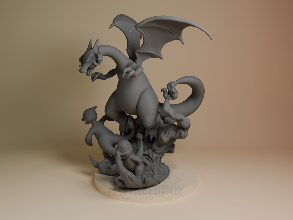 Charmander Evolutions from Pokémon resin figure shown at an angle, unpainted, with forms posed on a sculpted base.