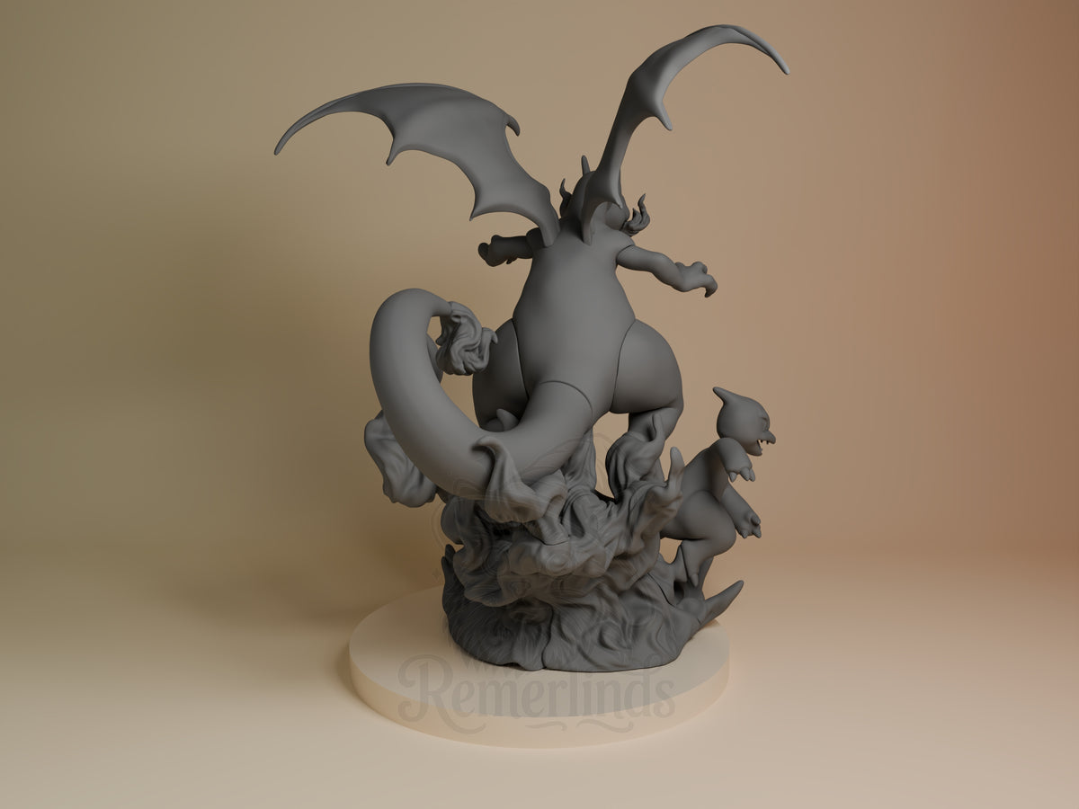 Back view shows an unpainted Charmander Evolutions from Pokémon resin figure with wings and sculpted base.
