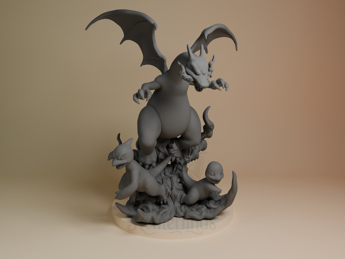 Front three-quarter view of Charmander Evolutions from Pokémon resin figure, unpainted, with three forms on a sculpted base.