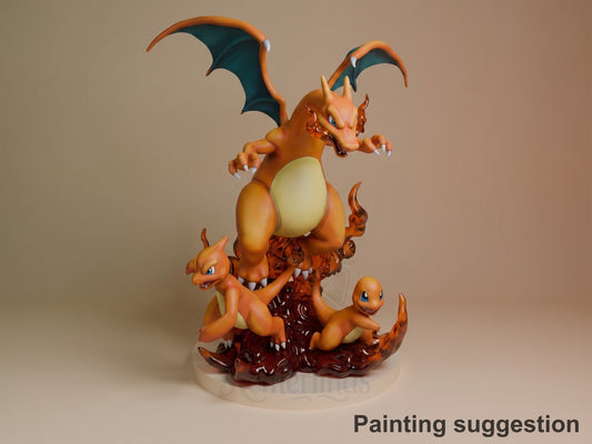 Charmander evolution line resin figure showing three orange dragons stacked on dark red base, fully painted with cream belly, teal wings, displayed against neutral background.