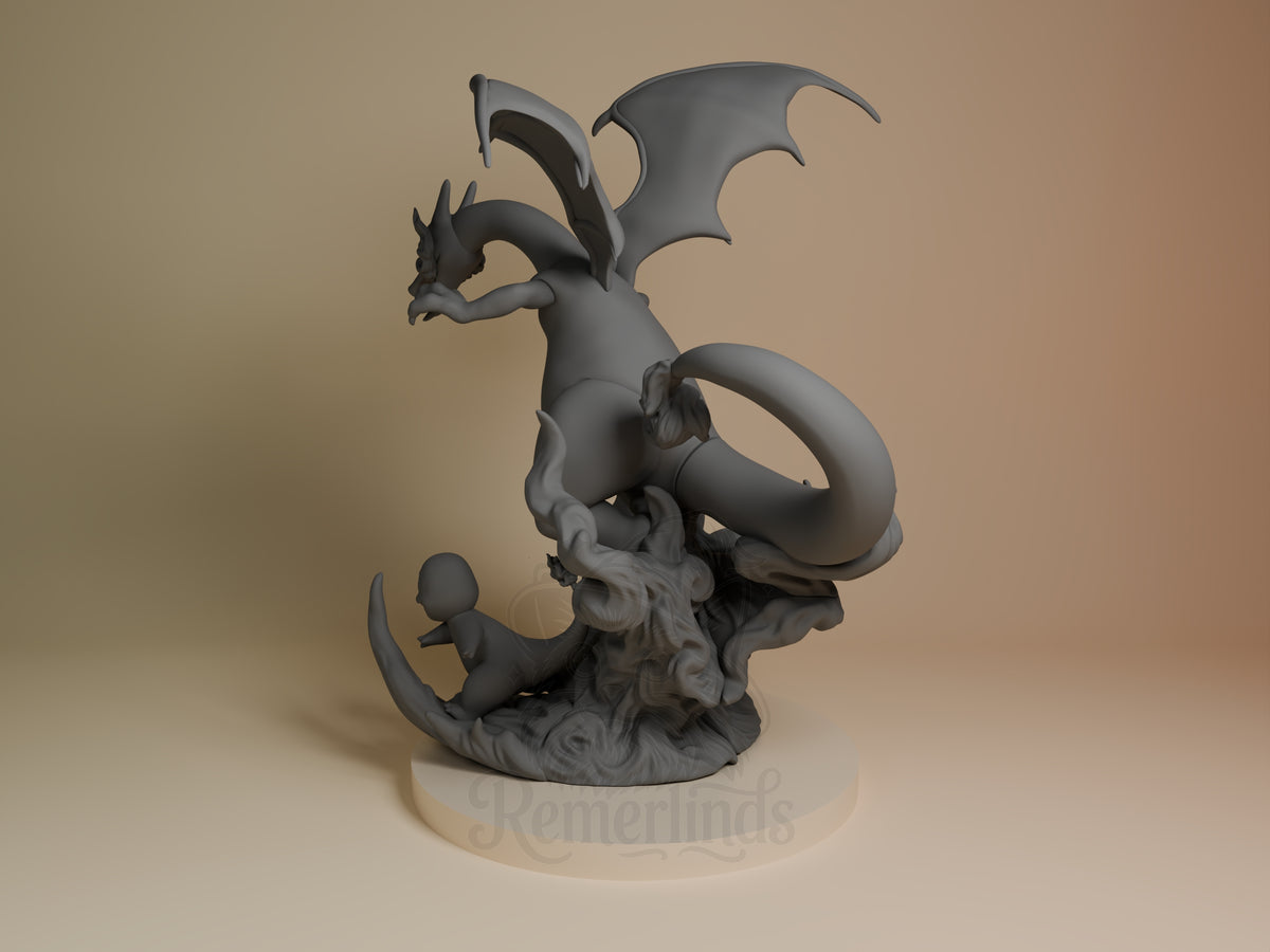 Unpainted left-angle Charmander Evolutions from Pokémon resin figure shows Charizard and Charmander on a sculpted base.
