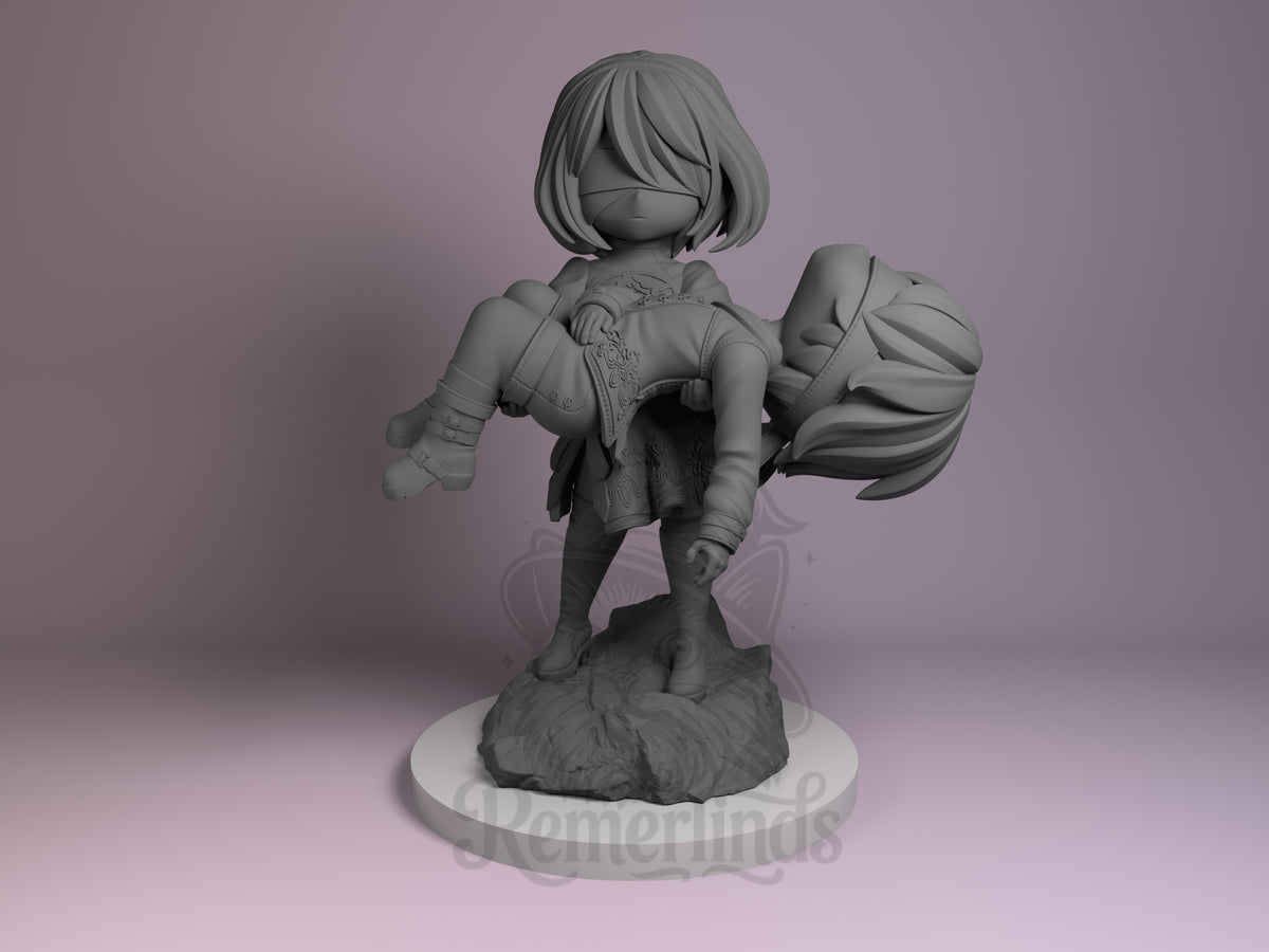 TwoBee and NineEss NieR: Automata 3D printed resin figure by Nomnom, unpainted front view. The 3D miniature captures two chibi-style characters from NieR: Automata in a touching scene where one character stands firmly while carrying the other in their arms. The figures showcase detailed clothing and hair sculpting characteristic of the characters, with a solid rocky base enhancing the composition. The pose conveys a moment of care and strength in a compact and stylized form.