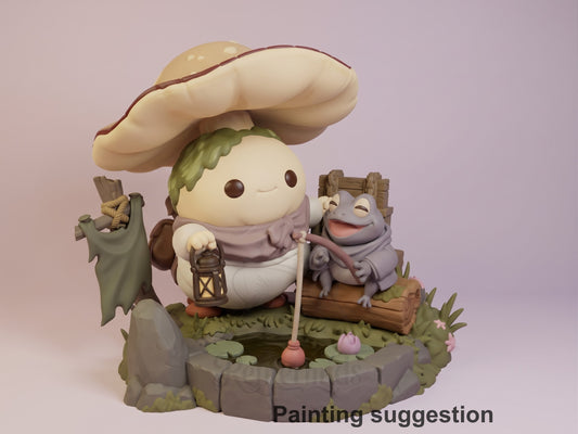 Painted front-angle A Friend by the Water from Original Art resin Chibi figure shows two companions on a pond base.