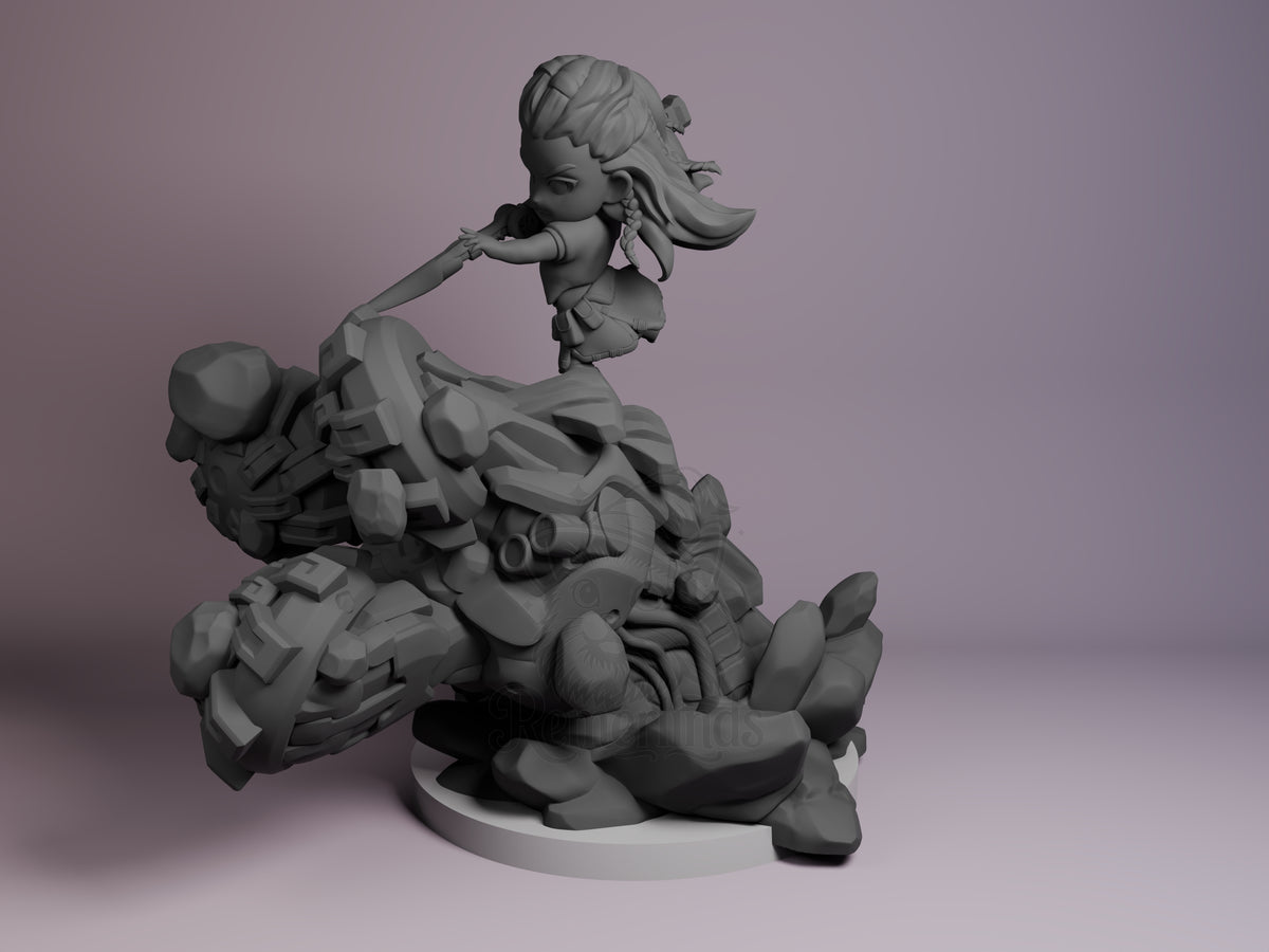 Aloy from Horizon is an unpainted resin Chibi figure shown in side angle on a sculpted base.