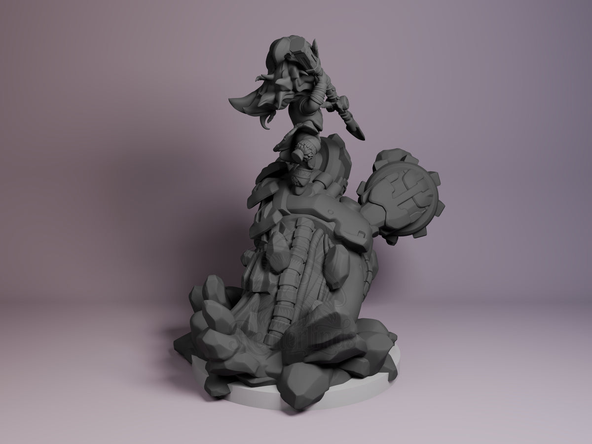 Back three-quarter view shows unpainted Aloy from Horizon resin Chibi figure with weapon on a sculpted base.