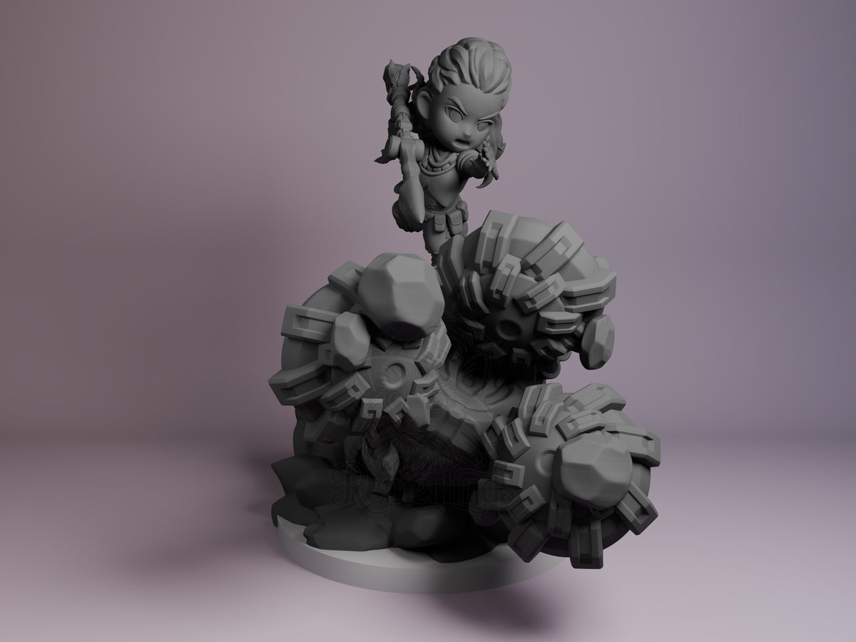 Front-facing Aloy from Horizon stands unpainted as a resin Chibi figure on a sculpted machine base.