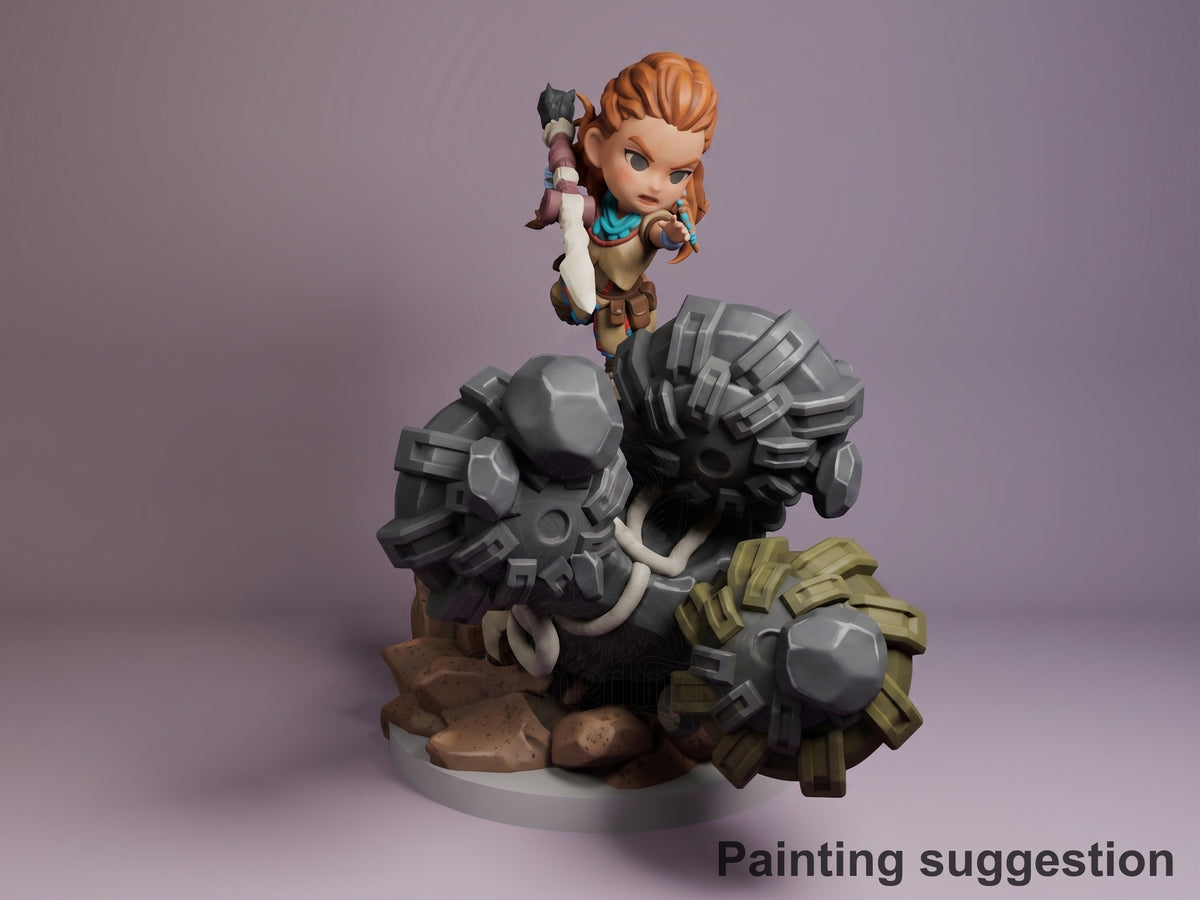 Painted Aloy from Horizon resin Chibi figure stands on a machine and rocky sculpted base.