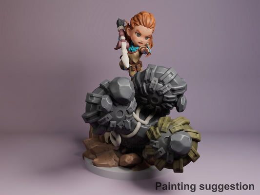 Painted Aloy from Horizon resin Chibi figure stands on a machine and rocky sculpted base.