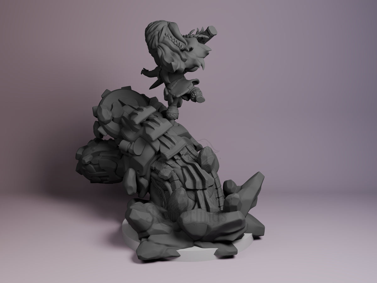 Aloy from Horizon appears in a rear three-quarter pose atop a sculpted machine base as an unpainted resin Chibi figure.