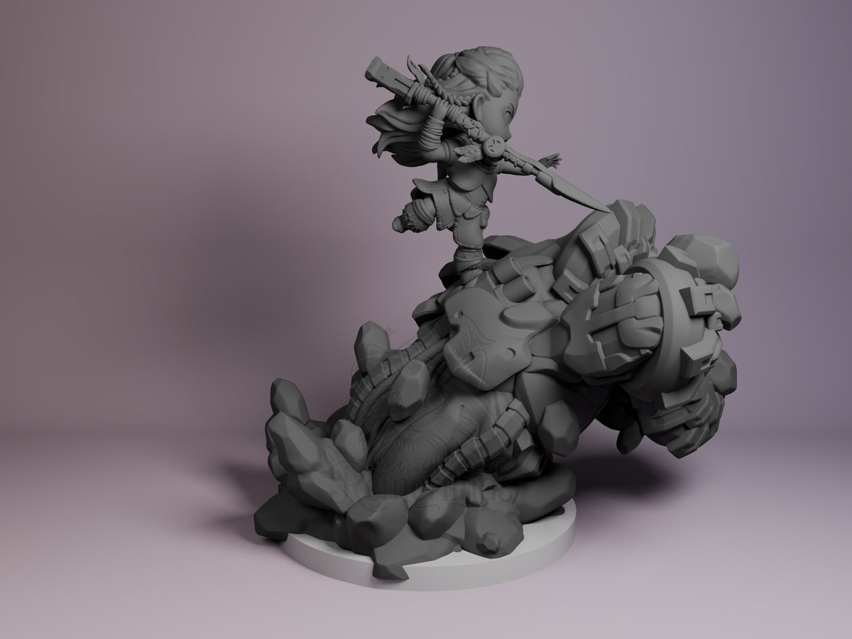 Aloy from Horizon, an unpainted resin Chibi figure leaping with a spear on a sculpted base.