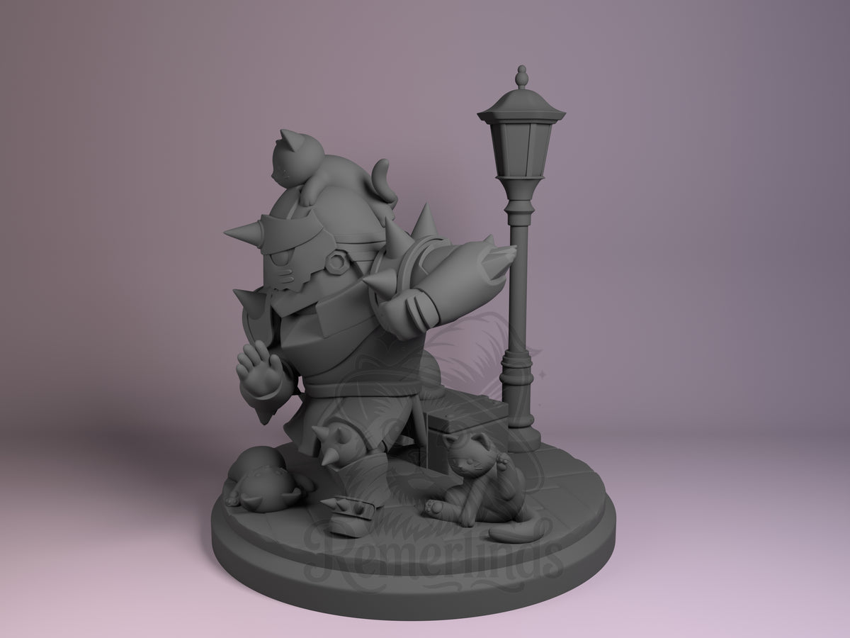 Alfonz Ironheart Steelbound Alchemist 3D printed resin figure by Nomnom, angled view showing dimensional details.