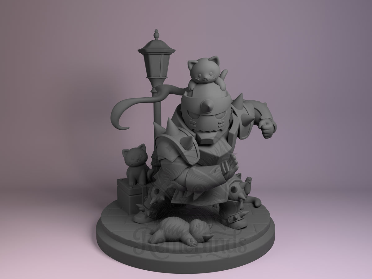 Alfonz Ironheart Steelbound Alchemist 3D printed resin figure by Nomnom, unpainted front view. The figure depicts the chibi-style armored character Alfonz Ironheart in a dynamic crouching pose, surrounded by adorable cat companions and a lamppost. The design balances the imposing spiked armor with cute details like cats perched on and around the character, creating a charming blend of toughness and playfulness.