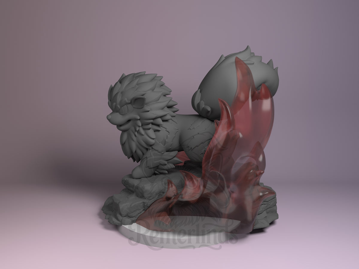 Arcanine from Pokémon appears in side angle as an unpainted resin Chibi figure with sculpted flames and base.