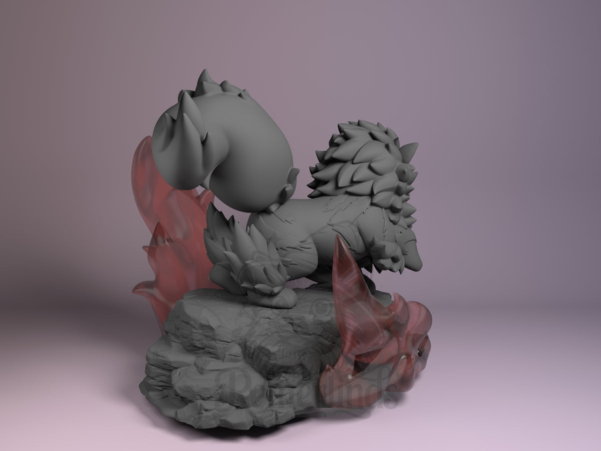 Arcanine from Pokémon is shown from behind as an unpainted resin Chibi figure with a rocky base.