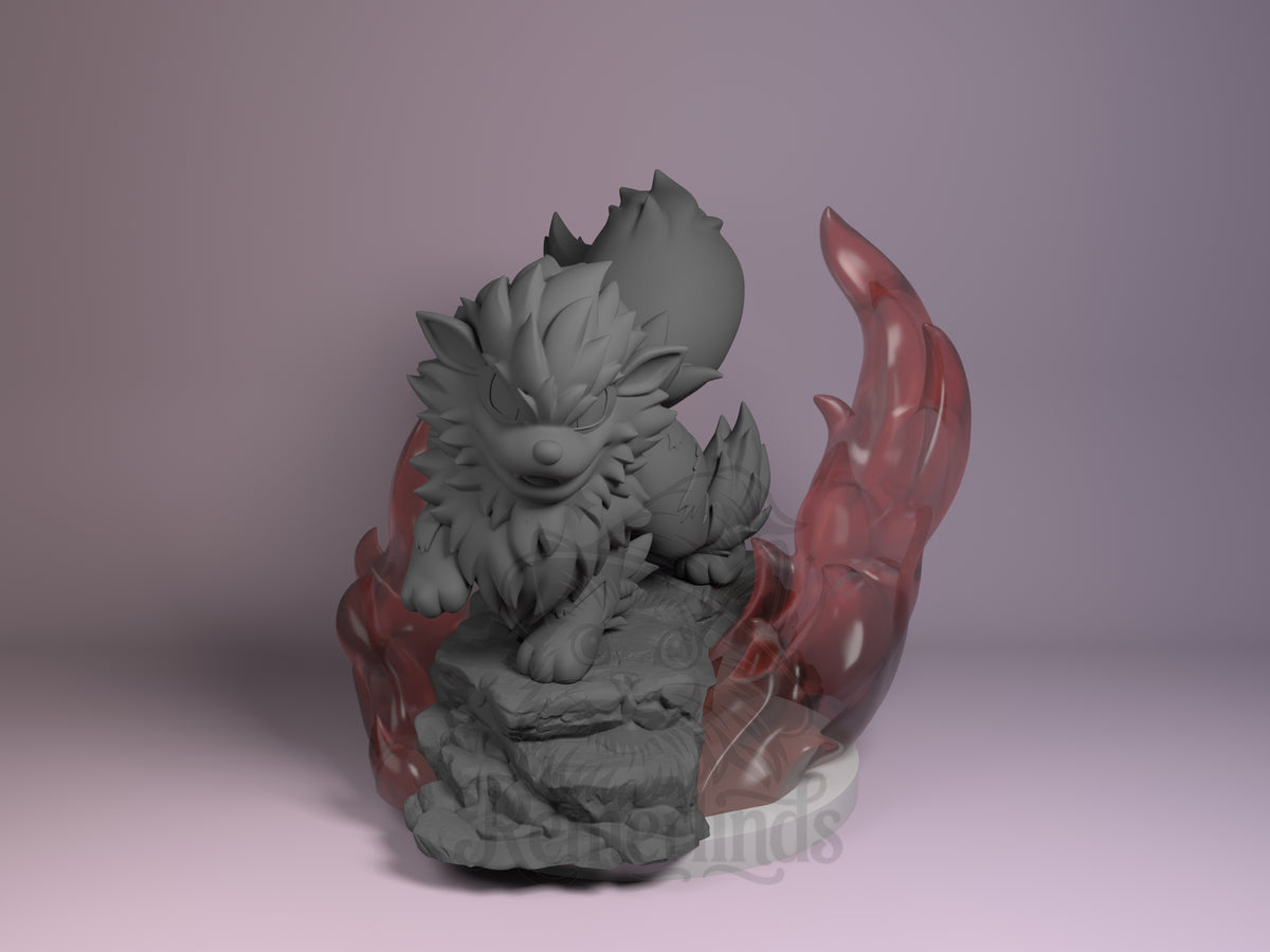 Front view shows Arcanine from Pokémon seated as an unpainted resin Chibi figure, with red flames around a rocky base.