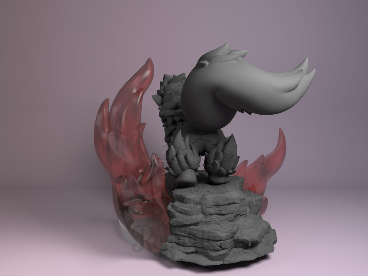 Arcanine from Pokémon is an unpainted resin Chibi figure, facing right with raised mane and tail on a rocky base.