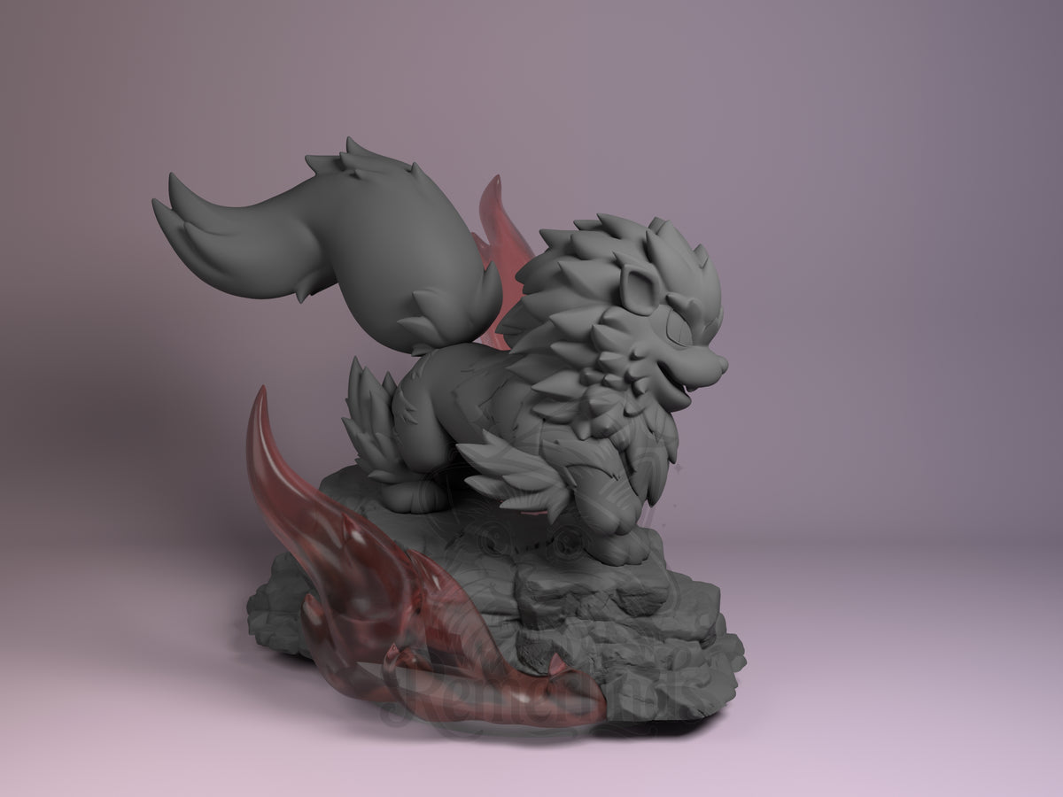 Arcanine from Pokémon is an unpainted resin Chibi figure facing right, with raised tail on a rocky sculpted base.