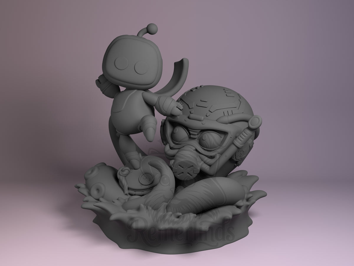 Astrobot Space Bot Adventure 3D printed resin figure by Nomnom, unpainted front view. The figure depicts a cute chibi-style robot character posed dynamically with one raised leg and arm. It stands atop a detailed base featuring a large sci-fi helmet with a gas mask and several tentacle-like forms emerging around it, combining mechanical and organic elements for an adventurous space bot theme.
