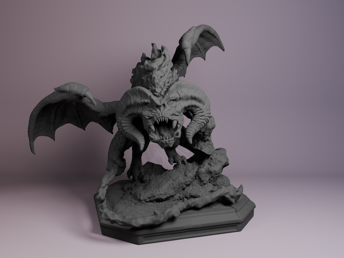 Front view shows unpainted Balrog from Lord of the Rings resin Chibi figure with wings on a base.