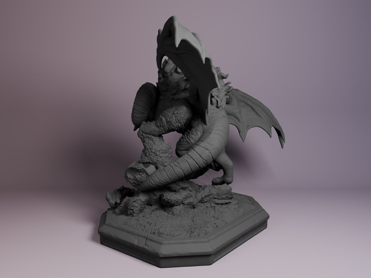 Balrog from Lord of the Rings is an unpainted resin Chibi figure on a rocky base, facing left.