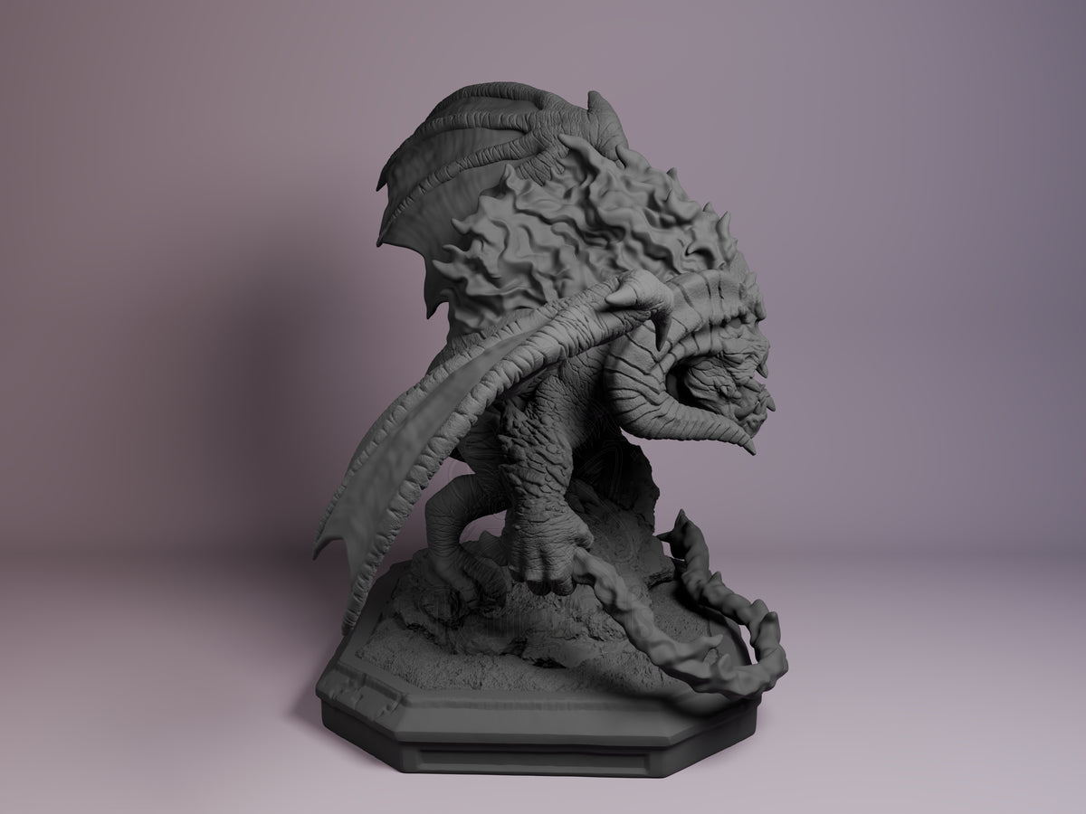 Balrog from Lord of the Rings resin Chibi figure is unpainted, right-facing, with wings and tail on a sculpted base.