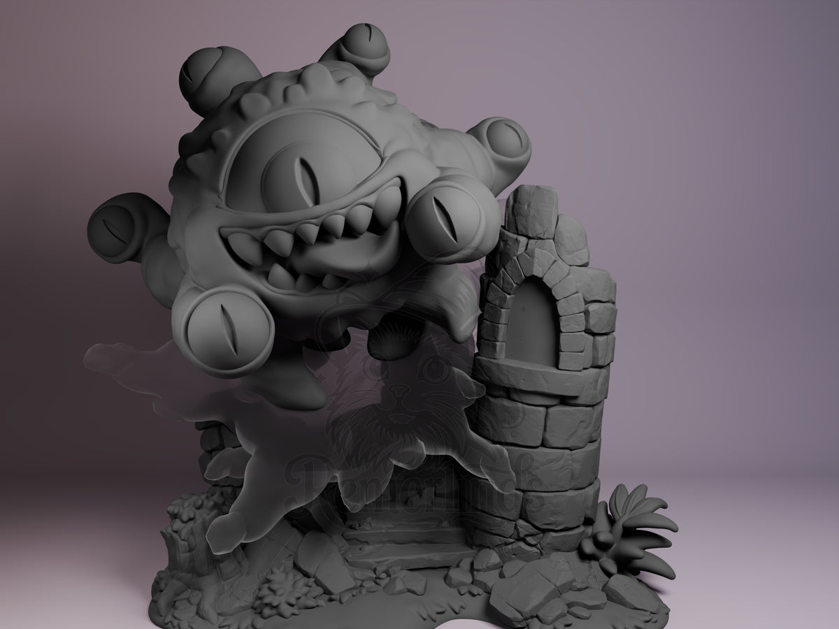 floating many-eyed aberration fantasy tabletop roleplaying game 3D printed resin Chibi figure by Nomnom, unpainted front view. This chibi Beholder miniature depicts a floating many-eyed aberration in a playful, dynamic pose. It features a large central eye, several smaller eyes on stalks, and a wide mouth with teeth. The figure is set on a detailed base that includes a broken stone ruin with an arched window, stone steps, rocks, and vegetation, creating a fantasy tabletop roleplaying atmosphere.