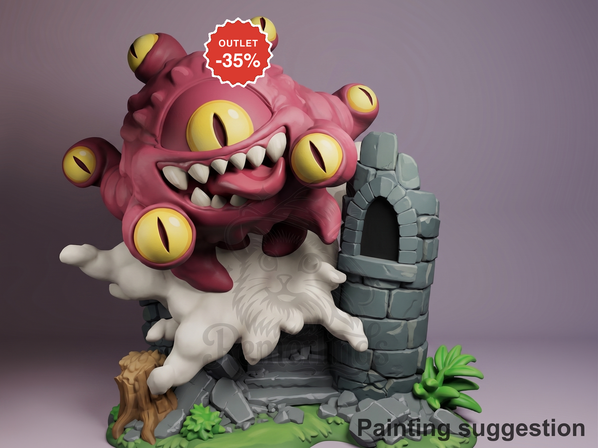 Pink Beholder resin Chibi figure from D&D, fully painted with yellow eyes and white beard, posed on gray stone tower base with green foliage.