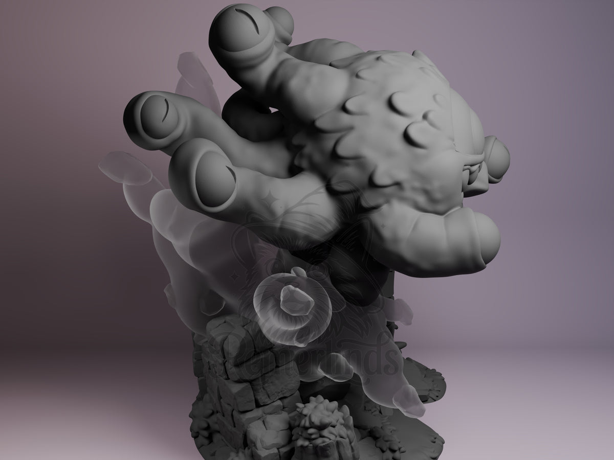 Gray resin Chibi Beholder figure from D&D shown in right profile, featuring spherical body with eye stalks and rocky base, unpainted.