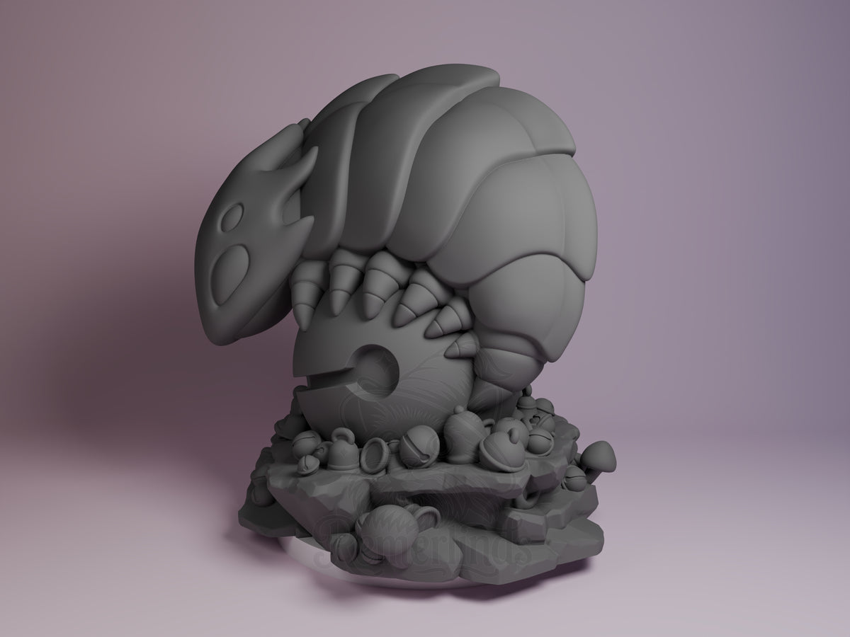 Bell Beast resin Chibi figure from Hollow Knight shown at angle, displaying unpainted gray details with segmented body and base, side view.