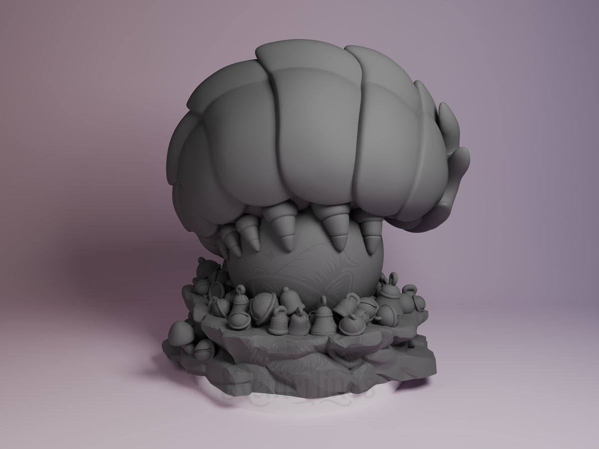 Bell Beast Chibi resin figure from Hollow Knight, back view, showing rounded bulbous body with segmented details, small legs, unpainted gray finish on purple background.