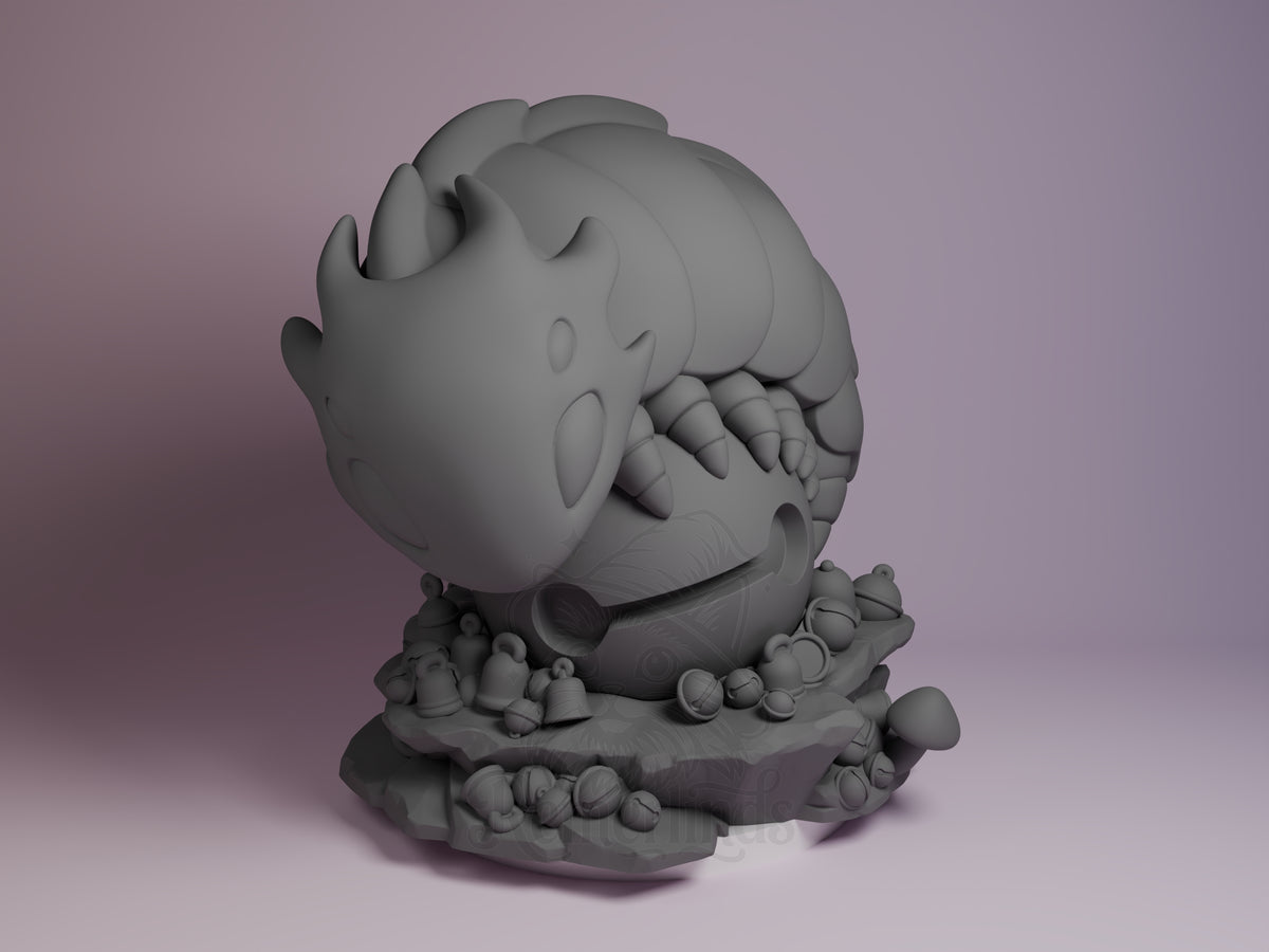 Bell Beast resin Chibi figure from Hollow Knight, unpainted grey front view showing detailed shell and base with small surrounding elements.