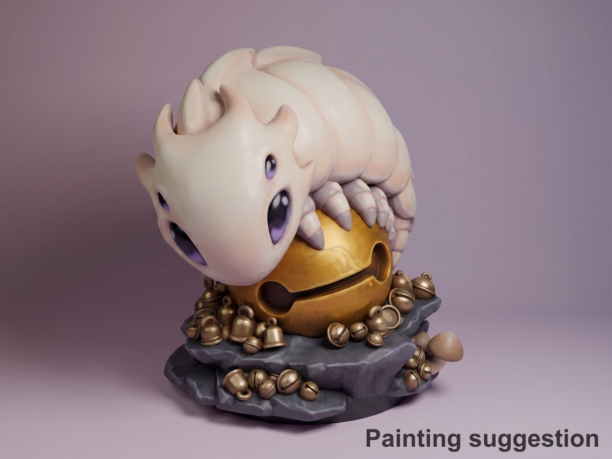 Bell Beast resin Chibi figure from Hollow Knight, painted white and gold, mounted on dark textured base with bronze bell details, viewed from front-left angle.