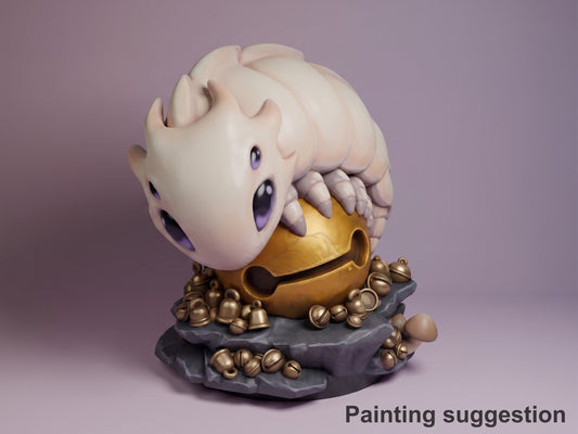 Bell Beast resin Chibi figure from Hollow Knight, painted white and gold, mounted on dark textured base with bronze bell details, viewed from front-left angle.