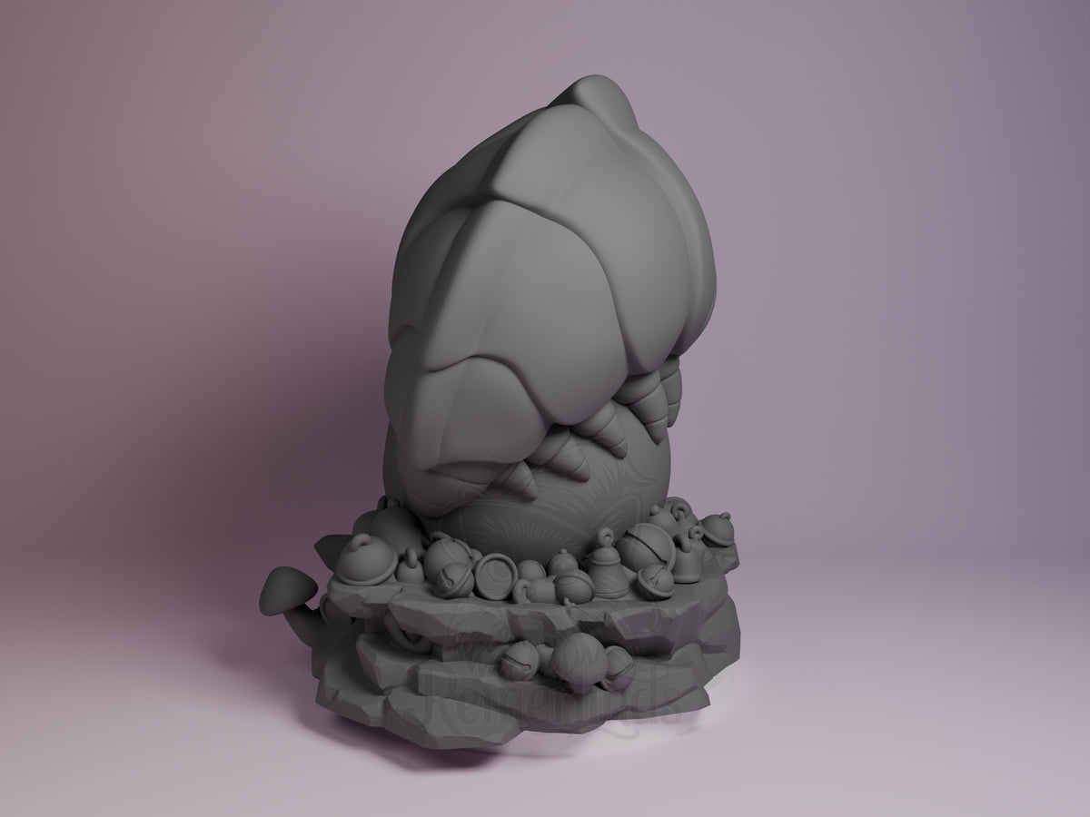 Gray resin Chibi figure of Bell Beast from Hollow Knight, shown from left angle on mushroom base with surrounding tiny creatures, unpainted.