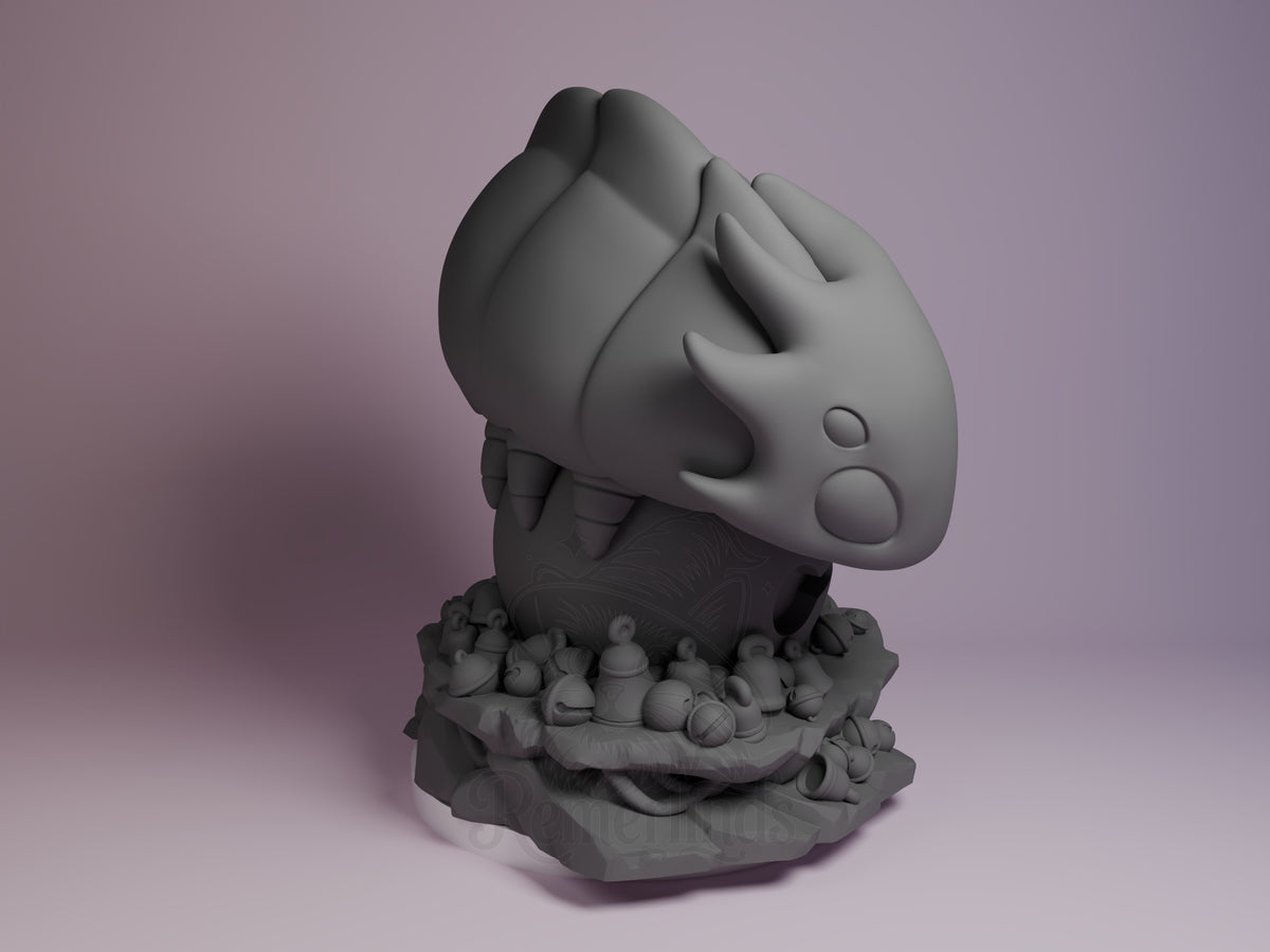 Bell Beast resin Chibi figure from Hollow Knight, shown from right angle with unpainted gray finish, seated on detailed base with scattered objects.