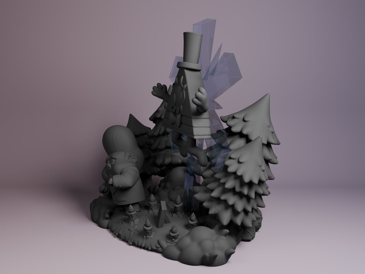 Triangle Dream Demon Mystery Pines Town 3D printed resin Chibi figure by Nomnom, angled view showing dimensional details.