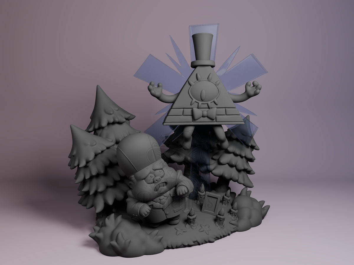 Triangle Dream Demon Mystery Pines Town 3D printed resin Chibi figure by Nomnom, unpainted front view. This 3D resin miniature depicts Bill Cypher from Gravity Falls in a chibi style, floating above a worried chibi character who stands among pine trees on a detailed forest-themed base. Bill Cypher's iconic single eye and triangular shape are enhanced by a top hat and stylized rays, while the scene emphasizes a spooky or mysterious forest atmosphere with rich environment details.
