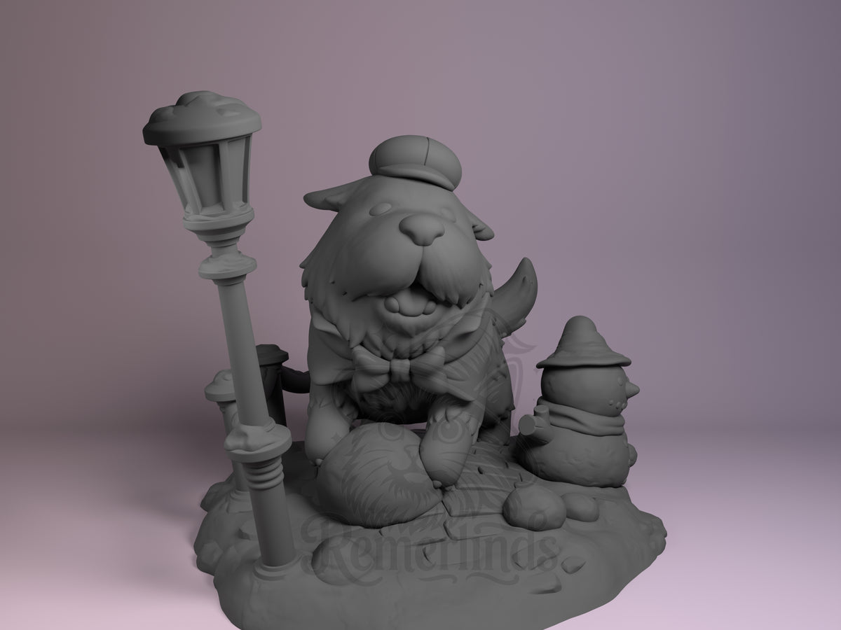 Bond from Spy x Family resin Chibi figure shown front view, unpainted gray, sitting with lamp and snowman, wearing hat and bow tie.